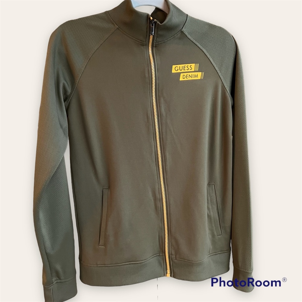 Guess olive green zip up performance jacket, size Youth 16